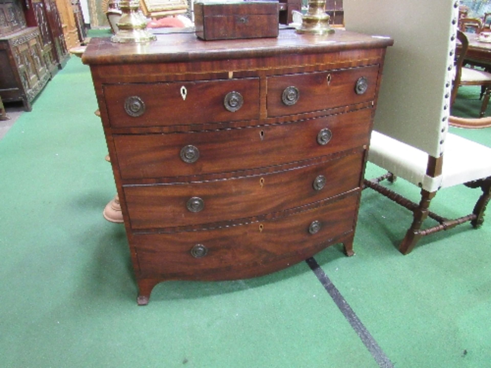 Victorian mahogany bow front chest of 2 over 3 graduated drawers, 110cms x 58cms x 106cms.