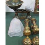 Tole decorated shop scales & 2 brass wall lights marked GWR & the glasses. Estimate £20-30