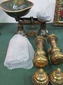 Tole decorated shop scales & 2 brass wall lights marked GWR & the glasses. Estimate £20-30