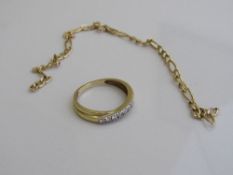 9ct gold bracelet (needs repair), weight 1.1gms & a gold coloured metal & diamond engagement ring,