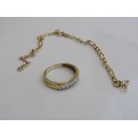 9ct gold bracelet (needs repair), weight 1.1gms & a gold coloured metal & diamond engagement ring,