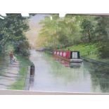 Framed & glazed watercolour of The Kennet & Avon canal with long boats, by Mo Wise. Estimate £10-20