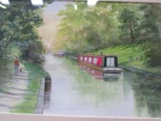 Framed & glazed watercolour of The Kennet & Avon canal with long boats, by Mo Wise. Estimate £10-20