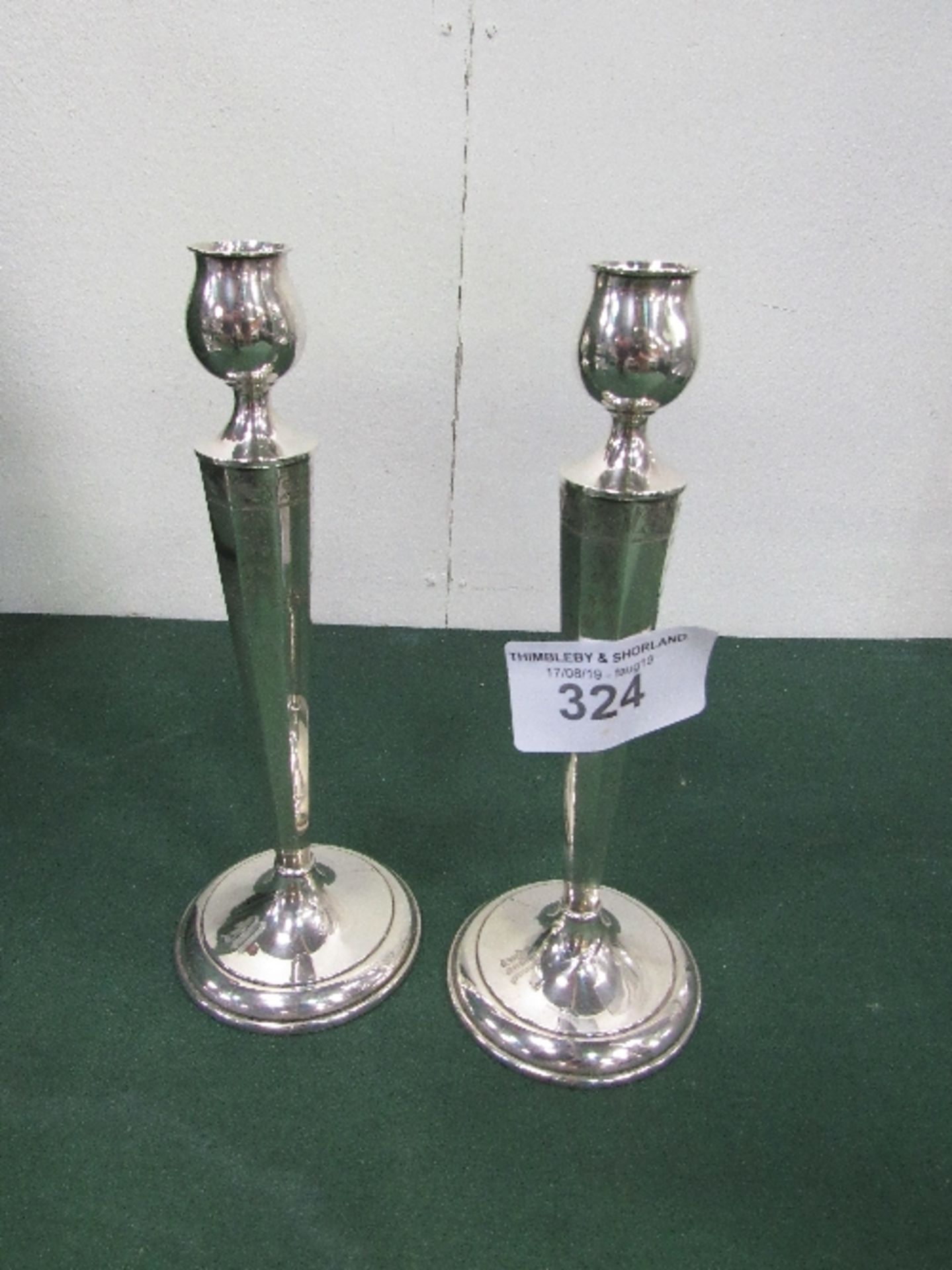 Pair of Tulip bowl candlesticks with tapered octagonal stems which are bright cut chased saucer - Image 2 of 2