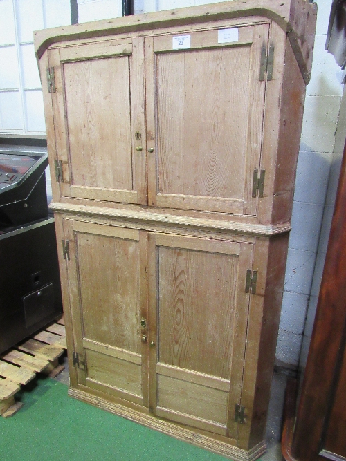 Late 18th century pine corner cupboard with shaped fronted shelves, 105cms x 59cms x 183cms.