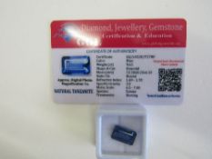 Natural emerald cut blue tanzanite, weight 9.65 carat, with certificate. Estimate £50-70