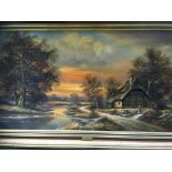 Large framed oil on canvas river & cottage scene by H Baumgart.  Estimate £50-70.