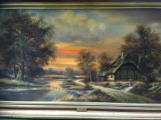 Large framed oil on canvas river & cottage scene by H Baumgart.  Estimate £50-70.