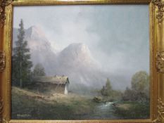 Oil on canvas in ornate gilt frame of mountains & cabin, signed by the artist.