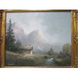 Oil on canvas in ornate gilt frame of mountains & cabin, signed by the artist.