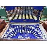 Oak canteen of silver plated cutlery with bone handled knives, 12 settings, by Viners of