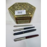 Decorated box containing 3 Parker fountain pens & a Parker propelling pencil. Estimate £20-40