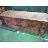 Very large 19th century mahogany wedding chest with inlaid design to front & moulded base, 167cms