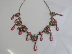 Art Nouveau Marius Hammer Norway 930 silver & pink enamel filigree drop necklace, length 42cms.