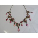 Art Nouveau Marius Hammer Norway 930 silver & pink enamel filigree drop necklace, length 42cms.