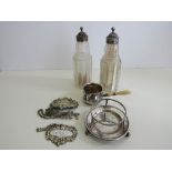 Small silver hallmarked bone handled ladle/jug, Birmingham 1904; silver hallmarked bottle holders,