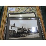 Framed postcard of Huntley & Palmer's factory, framed photograph of Mortimer, framed map of