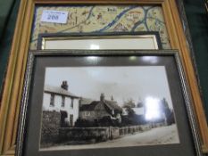 Framed postcard of Huntley & Palmer's factory, framed photograph of Mortimer, framed map of