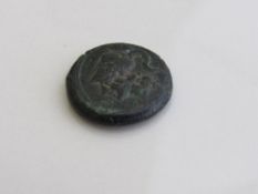 Campania Athena cockerel circa 250BC ancient coin, reverse cockerel with Caleno front, Helmeted