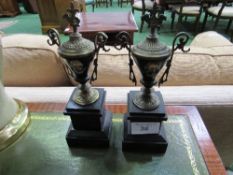 Pair of 2 toned brass Grecian vase style garnitures with scrolled handles on multi-level polished