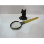 Bronze Hermes ornament & paper knife magnifying glass. Estimate £30-40