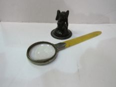 Bronze Hermes ornament & paper knife magnifying glass. Estimate £30-40
