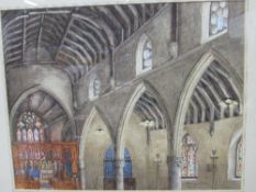 Framed & glazed watercolour of a church interior, signed, L M Shacklock, 2008