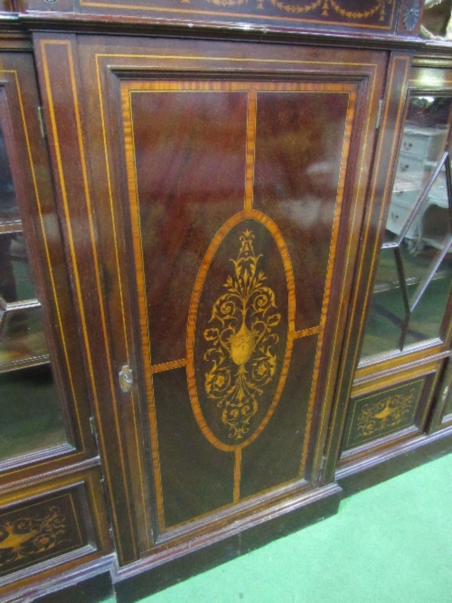 Large Edwardian inlaid mahogany break-front display cabinet, 230cms x 50cms x 146cms. Estimate £ - Image 2 of 5