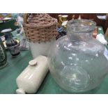 Salt-glazed foot warmer, salt-glazed flagon with tap & a large glass terrarium. Estimate £40-50