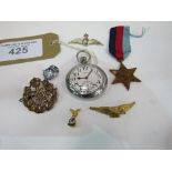 Gent's pocket watch (not going) C21731, George V Star Medal, 1939-45, RAC badge, RAF badge & others.