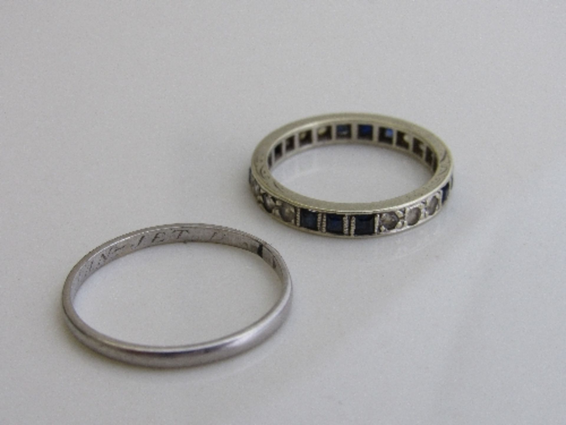 9ct gold vintage sapphire & white stone eternity ring, size N, weight 2.6gms & a platinum wedding - Image 2 of 2