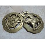 Pair of large horse brasses - one depicting an elephant, the other a ship