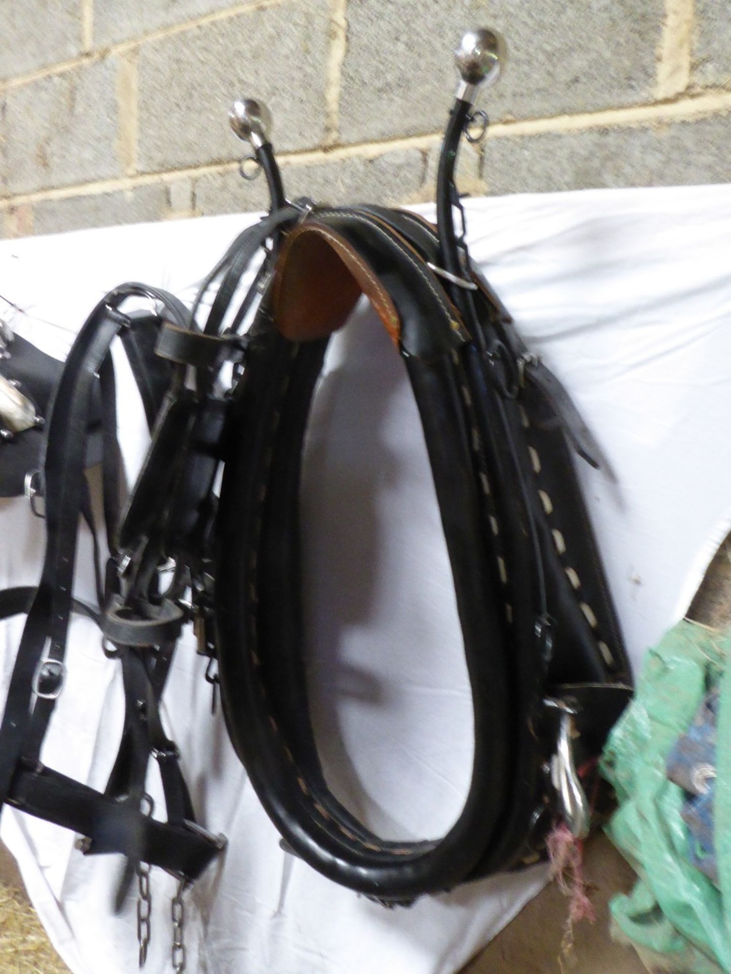 Complete single set of black leather/tan American-made Shire cart harness with pad, breeching with - Image 6 of 6