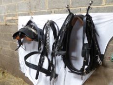 Complete single set of black leather/tan American-made Shire cart harness with pad, breeching with