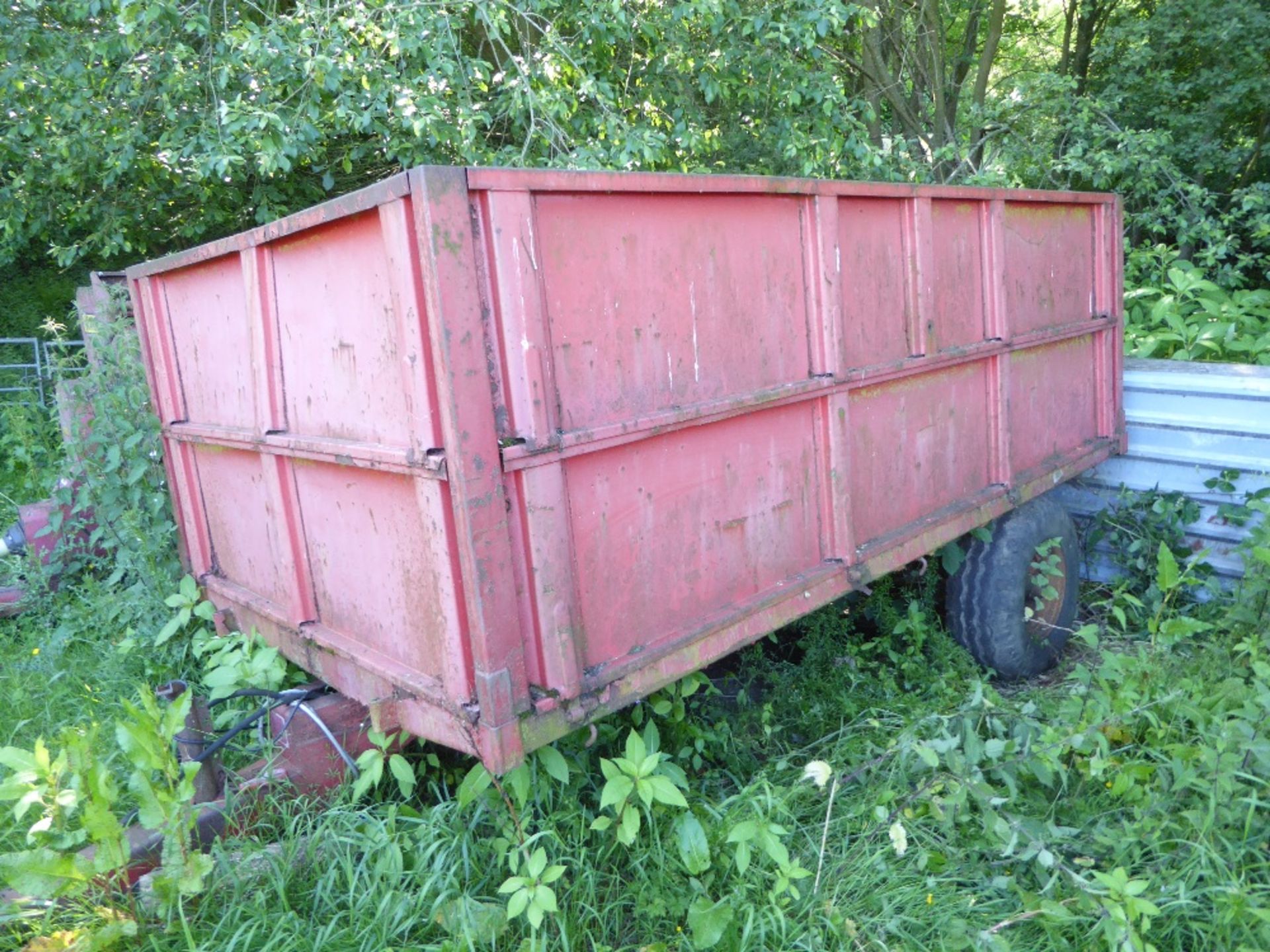 Weeks Trailer for a Massey Ferguson, 1978. A single axle tipping trailer. Max gross weight, 4 ¾