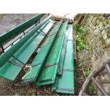 3 green painted bench seats and 2 similar side boards