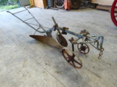 Ransomes Bantam BAN 3A Single Plough, partially painted blue. Measures 10ft long