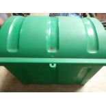 Green plastic trunk containing assorted show cleaning products e.g. sweat scraper, hoof oil, etc.