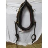 Black/patent leather collar with red lining, 26ins with a pair of brass hames and traces