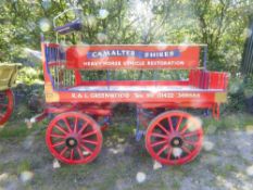 Bow Fronted London Coal Trolley, painted red and blue sign written 'Camalter Shires, Heavy Horse