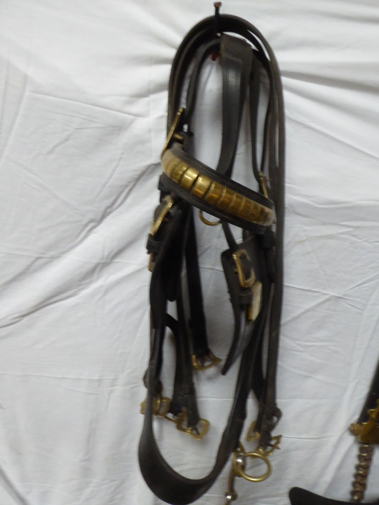 Single set of harness with 25in collar with check lining and with brass hames, bridle, pad, traces - Image 5 of 5