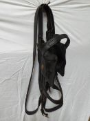 Black leather agricultural bridle with brass studs on the blinkers, reins and a bit