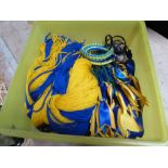 Box containing blue and yellow plaiting ribbons