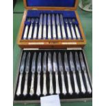Boxed set of 12 place settings of silver & mother of pearl desert knives & forks; boxed set of 12