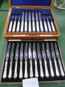 Boxed set of 12 place settings of silver & mother of pearl desert knives & forks; boxed set of 12