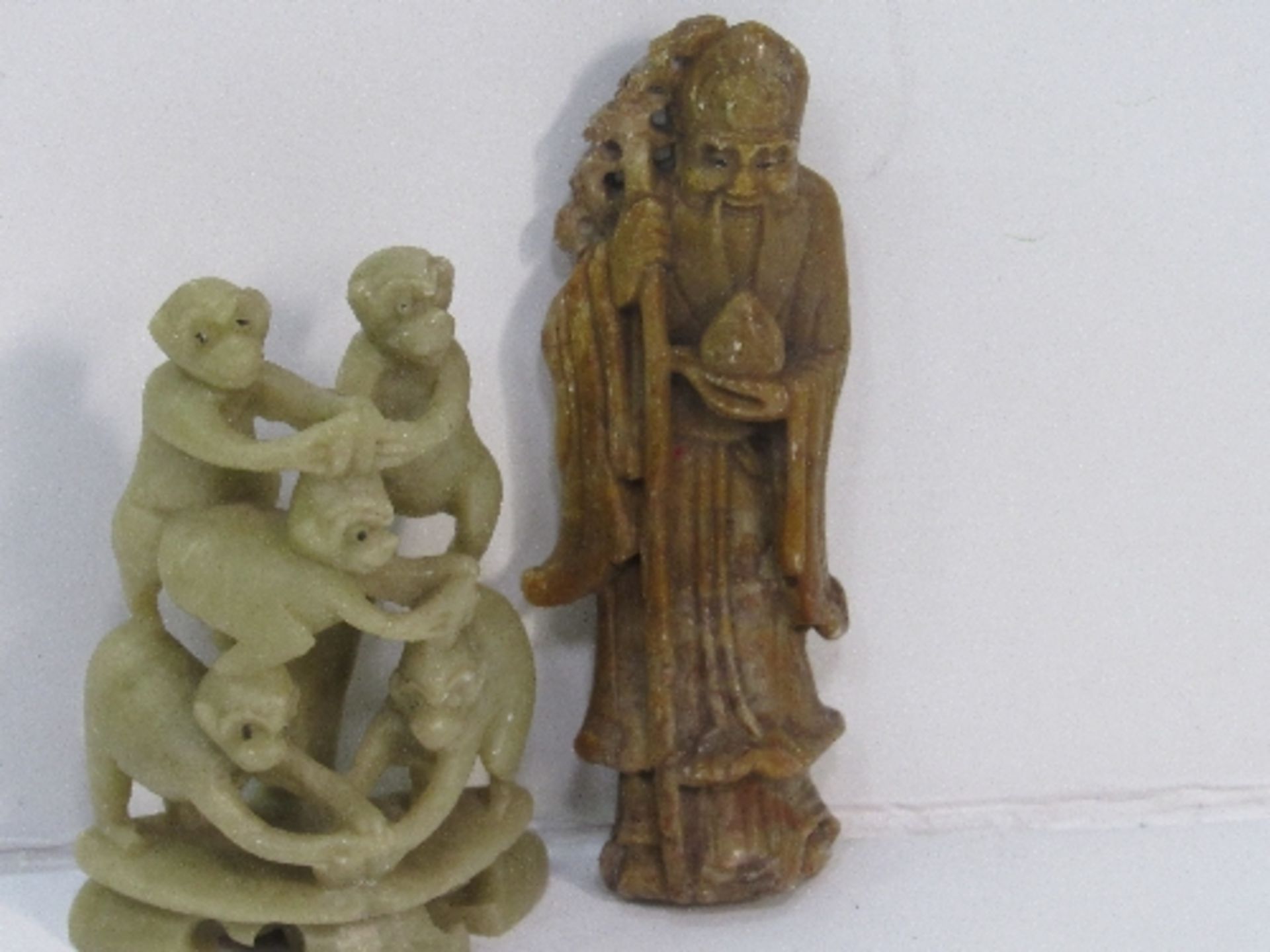 2 oriental stone carved figurines: 1 of an old gentleman & the other a group of monkeys; - Image 3 of 3