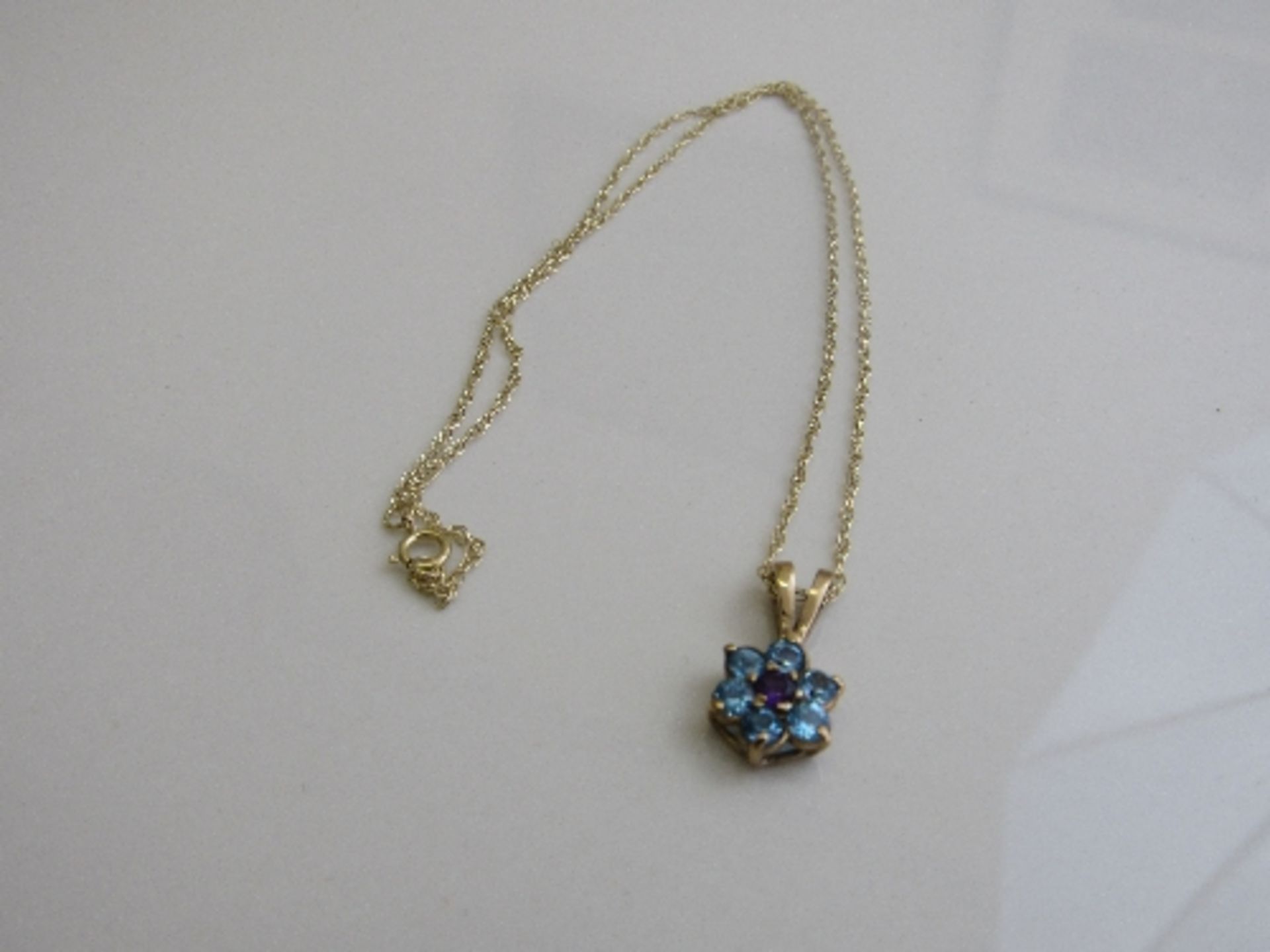 9ct gold, purple & pale blue stone flower pendant on 9ct gold chain, weight 1.9gms. Estimate £20-30