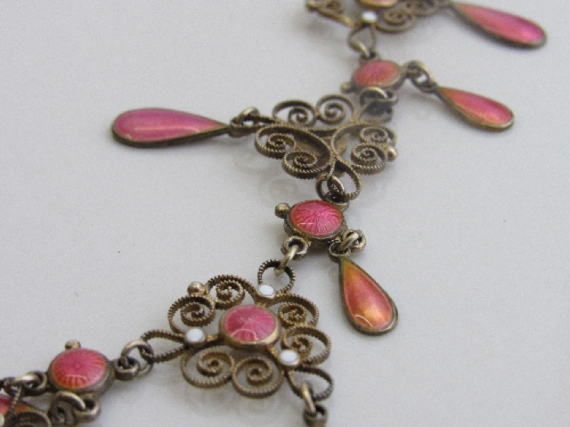 Art Nouveau Marius Hammer Norway 930 silver & pink enamel filigree drop necklace, length 42cms. - Image 4 of 4