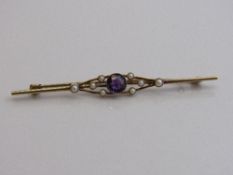 15ct gold, seed pearl & amethyst brooch. Estimate £160-180