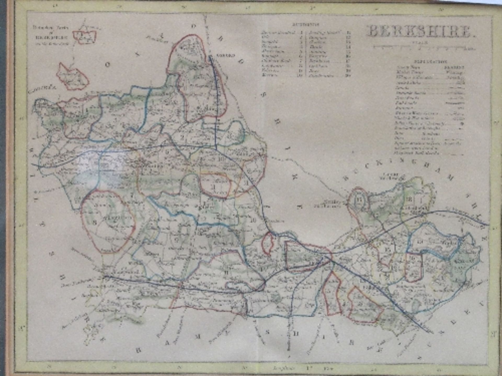 Framed & glazed map of Berkshire by J Archer, circa 1840, showing the Hundreds. Estimate £40-60